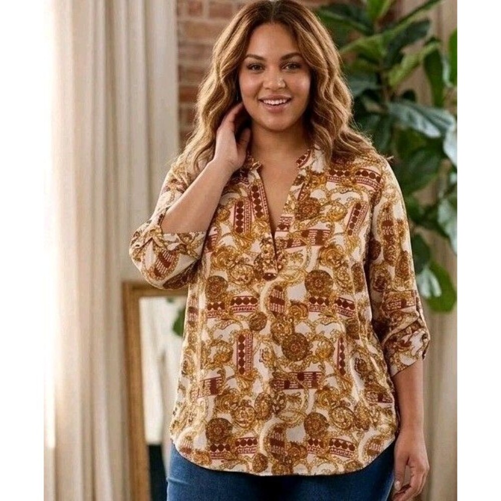 TRUTH NYC Blouse Womens V-Neck 3/4 Roll-Tab SleeveGold Baroque Chain‎ Link Sz 1X